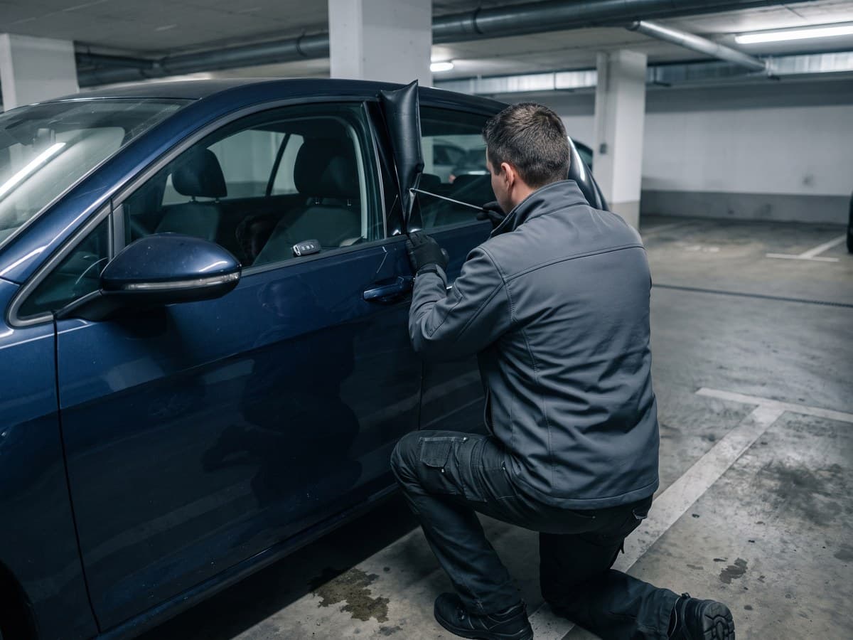 Fahrzeugöffnung in der Tiefgarage: Techniker öffnet die Fahrertür mit Luftkeil und Langgreifer